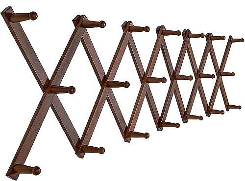 SKOLOO Hat Rack for Wall with 20 Hooks, Solid Wooden, Modern, Expandable Coat Rack Wall Mount for Coats, Hats, Bags, Baseball Caps, Walnut Color