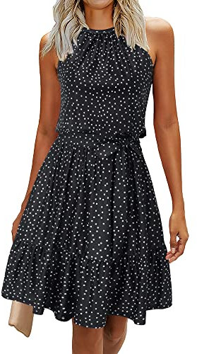 Newshows Sommerkleid Damen Knielang Elegant Kleid Neckholder Sommer Ärmellos Freizeitkleider mit Taschen(Polka Dot-schwarz, M)