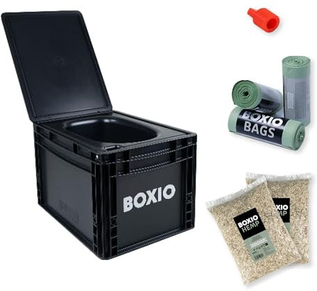 BOXIO - Toilet Plus: Campingtoilette Starter Kit mit Hemp, Plug & Bags, Mobile Trockentrenntoilette ohne Chemie für Camping, Van, Outdoor, Dachzelt: Toilette auf Eurobox Basis ohne Strom für unterwegs
