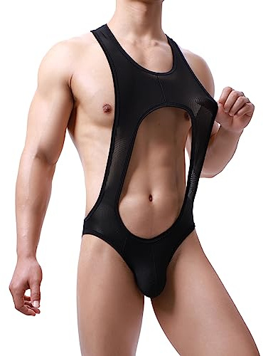 Drelaar Men's Crewneck Breathale One-Piece Jockstrap Leotard Bodysuit Sexy Cutout Jumpsuit Large Black