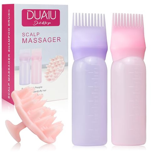 DUAIU Root Comb Applicator Bottle with Scalp Massager Shampoo Brush Head Relaxation Tools, Pink and Purple（3 Pcs）