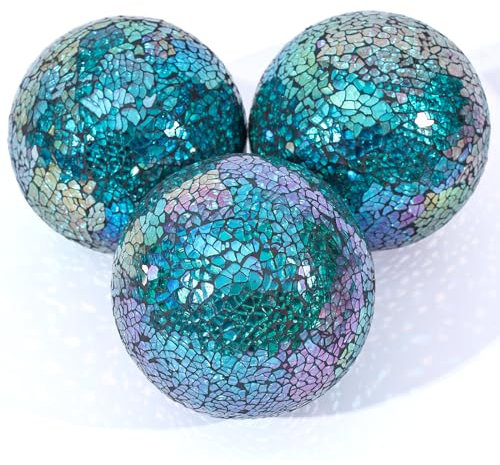 DomeStar 3PCS Decorative Balls for Bowls, 4 Inch Turquoise Orbs Glass Balls for Centerpiece Bowls Mosaic Sphere for Home Decoration Dining Table
