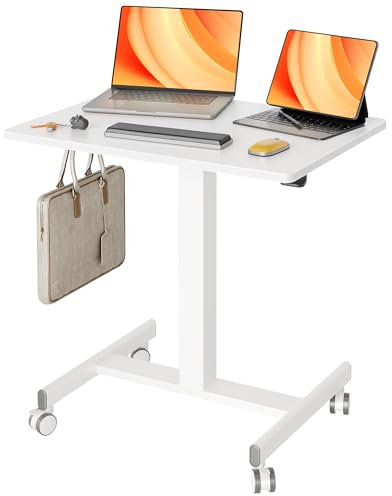 Claiks Stehpult Höhenverstellbar Schreibtisch Klein,Mobiler Laptoptisch Höhenverstellbar mit 4 Rollen,Steh-Sitz Schreibtisch Computertisch 65×48cm,Weiß