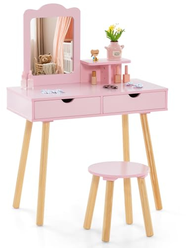 COSTWAY Sminkbord för barn, 2 i 1 toalettbord skrivbord och pall med avtagbar spegel, 2 lådor, kam, sminkbyrå, trä för flickor i åldern 3–7 år (rosa)