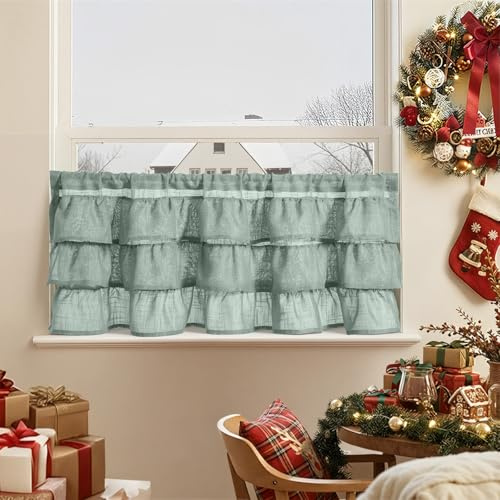 TOPICK Kök skivgardiner med volanger blågrå linne bistrogardin för små fönster, kort butik, ryskade, köksgardiner, lantlig stil, ljusgenomsläppliga gardiner, kort bondgård, 125 B x 45 H (cm)