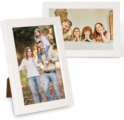 NVGVUP Bilderrahmen 10 x 15 cm, 2 Stück Kleine MDF Bilderrahmen zum Aufhängen oder Stehend, Moderne Weiß Fotorahmen mit Scheiben aus Plexiglas, Eichenoptik Fotorahmen für Zuhause Büro Schule