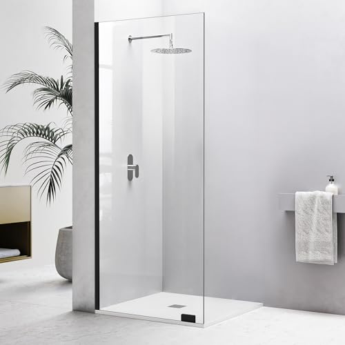 32×78 Fixed Glass Shower Panel, Bathroom Shower Doors 5/16(8mm) Thick Clear Tempered Glass Panel, Matte Black Frameless Shower Door
