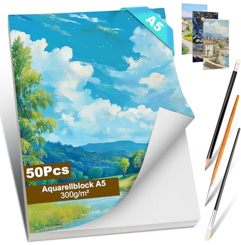 Romon Papel Acuarela, 50 Hojas Cuaderno Acuarela Bloc Acuarela 300gr Algodon, Bloque de acuarela A5 Watercolor Paint Pad Blanco Acuarelas, Sketchbook Acuarela para Artistas Adultos Adolescentes