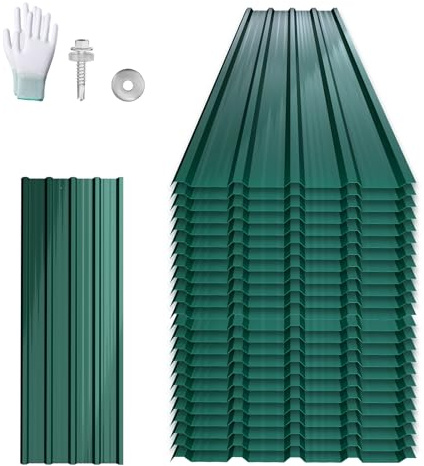UISEBRT 24 pannelli ondulati in acciaio zincato, 129,5 x 45 cm, lamiera trapezoidale, profilata, 14 m², resistente alle intemperie, per garage, casetta da giardino, verde