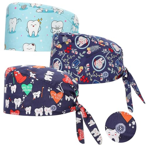 3 Stück OP Haube Verstellbar mit Knopf Arbeitskappe Baumwolldruck Kranken Schwesternkappe Unisex Staubhauben Kappe（Cartoon Zähne Stil）