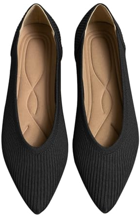 TINGRISE Women's Flats Shoes Pointed Toe Knit Ballet Comfortable Dressy Slip On Flat Black 6.5UK
