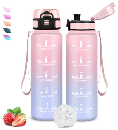 Grsta Borraccia 1 litro, Borraccia Palestra, Senza Perdite, Facile da Pulire, Bottiglia Motivazionale, Bottiglia Con Orari Per Bere, Facile da Trasportare, per Campeggio, Fitness, Viaggio, Scuola