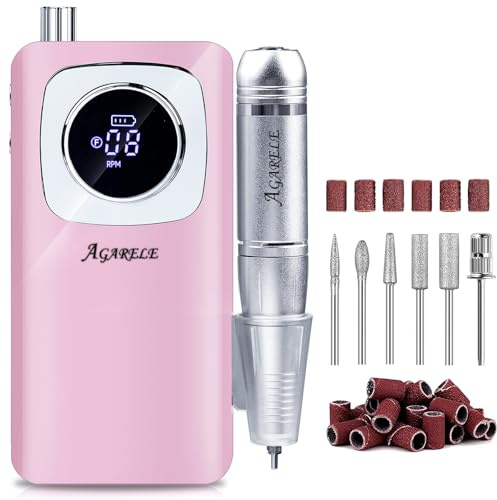 AGARELE Eelectric Nail Files 45000RPM, Professional Nail Drill Machine for Acrylic and Gel Nails, Adjustable E File with 6pcs Nail Bits Rechargeable Manicure Pedicure Kit Gifts for Salon Home (Pink)