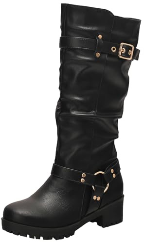 XIEPP Bottes hautes pour femme avec boucle en métal et slip-on, idéales pour les tenues d'hiver