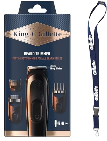 King C. Gillette Kit Regolabarba Uomo, 1 Testina, 3 Pettini Regolatori, 1 Spazzolina, Caricatore, Rasoio Elettrico Barba, Idea Regalo Uomo Kit Professionale, Lame Rasoio Affilate, con Laccetto
