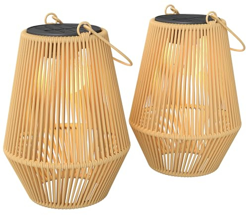 Outsunny Hanging Solar Lights Outdoor Garden Lanterns, 2 Pack Rattan Solar Lights with Auto On/Off, Decorative Rattan Table Lamp with Handle, IP44 for Patio, Pathway, Terrace, Tree, Brown