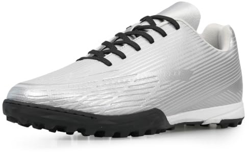 Eggseed Mens Football Boots Astro Turf Trainers Adult Lace-Up Soccer Shoes Cushioned Grip Lightweight Training Boots for Artificial Ground Sliver Size 10 45EU