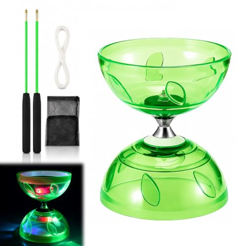 Wxeadu Triple Bearing Diabolo Set, LED Diabolo With Ball Bearings, DiaboloToy With 10m Rope, 2 Pole and Net Bag, Diablo Toy, Yo Yo Toy, Diabolo Juggling Set, Diablo JugglingToy, CircusToys(Green)