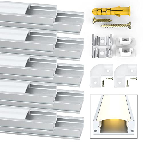 Jirvyuk Led Aluminum Channel with Milky White Cover for 12mm Led Strip Lights, 10Pack 1m/3.3ft U Shape Led Profile Diffuser with End Caps, Metal Mounting Clips and 90 Degree Corner Connector
