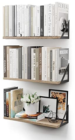 CASSA TOKO Wall Mounted Floating Book Shelves for Wall Set of 3, Shelf Bookshelf for Bedroom Living Room Office Bathroom Kitchen Rustic Wood with Metal Bracket (Natural)