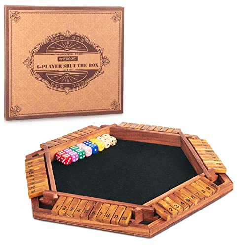 AMEROUS Upgraded 1-6 Players Shut The Box Dice Game, Wooden Board Table Math Game with 16 Dice for Kids Adults, Family Classroom Home Party or Pub