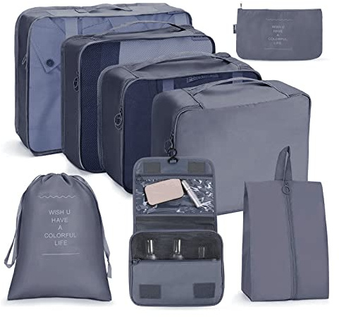 OSDUE Packing Cubes for Suitcases, 8 PCS Travel Luggage Packing Organizers Waterproof Travel Essentials Bag Accessories, Clothes Shoes Cosmetics Toiletries Storage Bags, Gray