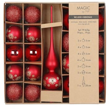 Magic by Inge - Weihnachtskugeln Set 19-teilig Merry Red, mit Christbaumspitze und Kugeln, Christbaumschmuck Glas