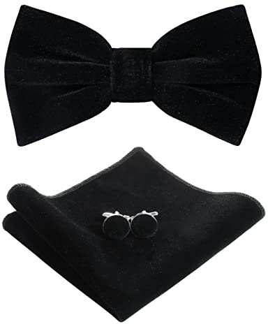 HOULIFE Ensemble nœud papillon pour homme – Nœud papillon réglable en velours pré-noué, mouchoir uni, boutons de manchette pour marié, mariage formel avec boîte cadeau, Noir , M