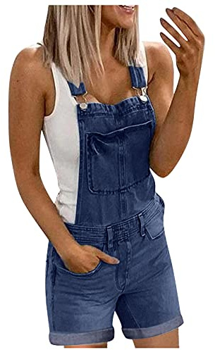 IQYU Hängselbyxor dam jeans breda jeans hängselbyxor korta jeansoveraller för kvinnor eleganta jeans hängselbyxor med justerbara hängselbyxor sommar korta byxor säckiga sommarbyxor lekdräkt denim overall, Mörkblå, M