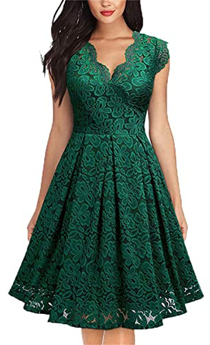 Vestido Retro de Encaje Femenino UNKUS - Vestido Swing de cóctel sin Mangas con Cuello en V - Green - Talla S - Largo hasta la Rodilla