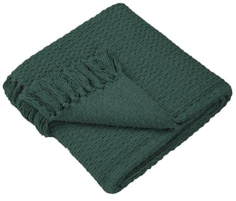 Drift Home - Green Throw with Tassel (180 x 130cm) - Sustainable Recycled Cotton - Woven Blanket - Basket Weaved - Textured Sofa Throw Blanket - Green Blanket/Bed Throw Large