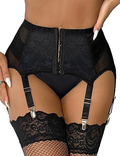 ohyeahlady Strapsgürtel Damen mit 6 Halter Sexy Spitze Strapsen Dessous Set Strapshalter mit Metallclips Strumpfband Strumpfhalter Große Größen Strumpfgürtel Schwarz,M-L