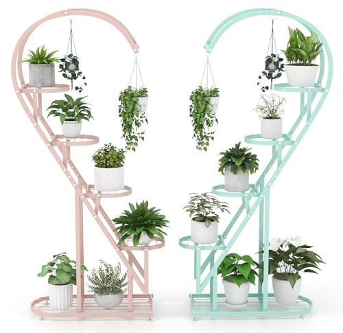 TANGZON 5 Tiered Metal Plant Stand, Heart Shape Ladder Flower Stand with Hanging Hooks & Adjustable Foot Pads, Large Plant Display Rack for Home Living Room Garden Balcony Patio (Pink + Blue)