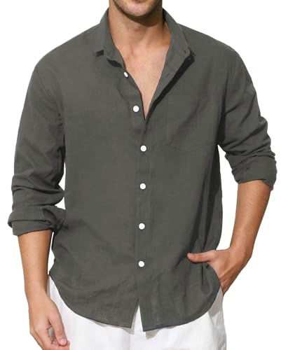 Enlision Mens Cotton Linen Shirts Long Sleeve Casual Henley Shirts Banded Collar Lightweight Solid Color Summer Beach Shirt Holiday with Pocket S-4XL