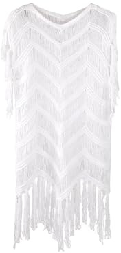 QUEEN HELENA Copricostume Trasparente Retinato con Frange Senza Maniche Vestito Corto Estivo Donna COM2