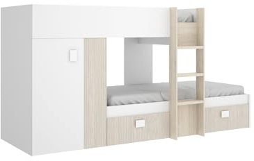 DEKIT GRUPO RIMOBEL GROE - Cama Tren con 2 camas juveniles - Blanco / Natural / Alistonado - 150x271x111 cm