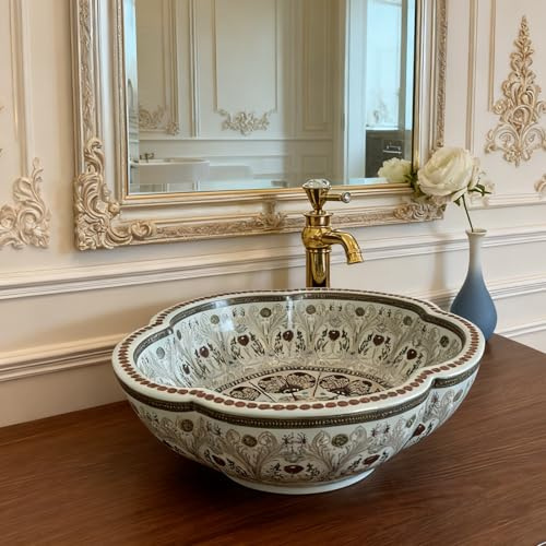 1 Full Set Art Light Blue Ceramic Countertop Washbasin with Flower Design and Gold Faucet and Drain Pop Up for Bathroom Washbasins