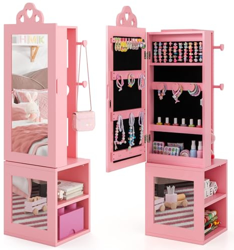 COSTWAY 3 en 1 Armoire à Bijoux Enfant avec Miroir Pleine Longueur, Organisateur à Bijoux en Forme Cœur avec 4 Crochets & 3 Étagères, Anti-Bascule, Portant à Vêtements pour Enfants de 3 Ans+ (Rose)
