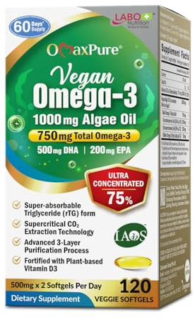 LABO Nutrition Vegan Omega 3 Algae Oil - Plant Based Fish Oil Alternative 750mg Omega-3 500mg DHA & 200mg EPA - Non-GMO & IAOS Certified - Heart, Brain, Eye, Immune, Joint Support 120 Softgels