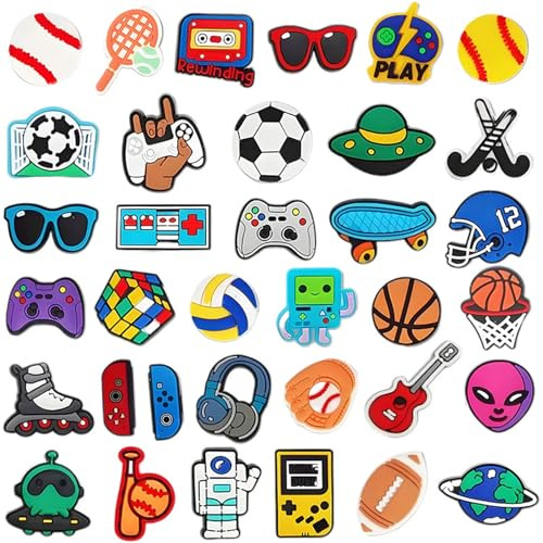 35 Pcs Croc Charms for Kids,Shoe Charm Boys Football Accessories Pins Badges Blue Clog Sports Shoes Soccer Cute Studs Badge Baseball Basketball Decoraciones Diy,for Girls Clogs Adults Sport Halloween