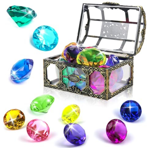 XZMCAT Juguetes de Gema de Buceo para Niños, Cofre del Tesoro Pirata con 10 Diamantes de Colores de Acrílico Gema Subacuática, Juguetes de Piscina para Niños, Regalo para Entrenamiento de Natación