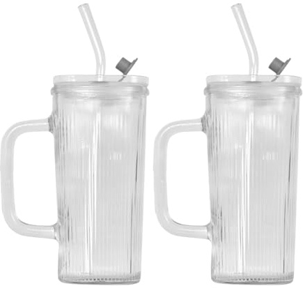 Luxvara Lot de 2 Verre avec Paille, Verres en Verre Rayé, Tasses 250ml avec Couvercles Pailles Réutilisables, Tasses Réutilisables pour Café Glacé, Smoothies, Jus, Thé, Lait