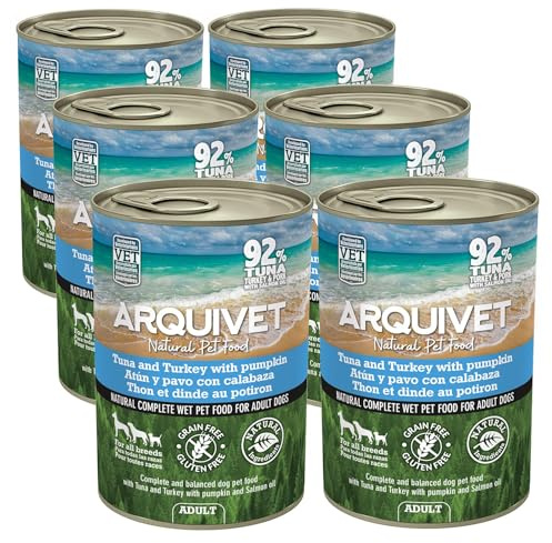 ARQUIVET - Paté de Atún y Pavo con Calabaza y Aceite de salmón 6x400 gr - Latas de paté para Perros - Todas Las Razas - Alimento húmedo Natural
