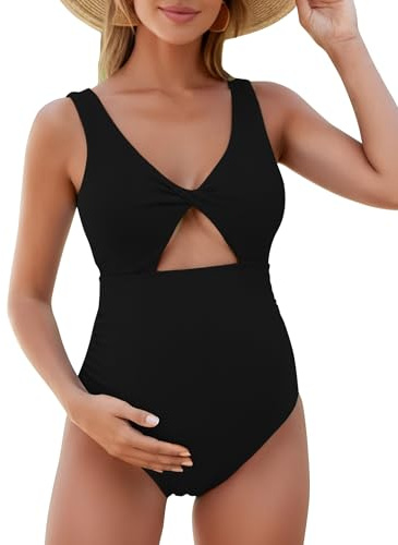 FEOYA Maternité Maillots De Bain Une Pièce Grossesse Avant Cross Bikini De Bain avec Bretelles Réglables Froncé Vetement de Plage Piscine Source Thermale Swimwear L