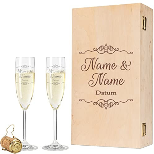 Leonardo, calici da spumante con incisione nome e data, design vintage Wedding + scatola di legno, regalo per matrimonio, fidanzamento, anniversario