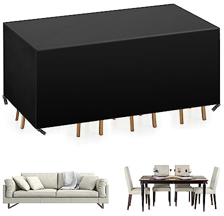 YuYo Bâche Table de Jardin, Imperméable Bâche Mobilier de Jardin Rectangulaire Housse pour 6-8-places Table de Extérieur, Anti-UV Robuste Housse de Protection Jardin, 250x210x90cm, Noir
