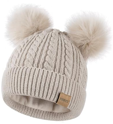 Beanies Women with Double Pom Pom, Winter Hats for Women Cold Weather Warm Cable Knit Fleece Lined, Cute Beanie Cap for Daily Use(Oatmeal)