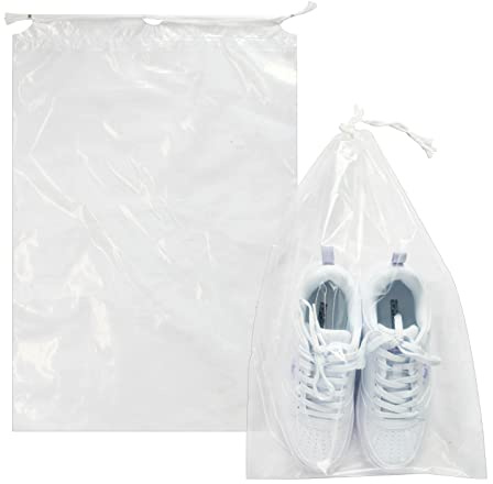 Belinlen 100 Pack 12x18 inch Plastic Drawstring Bags Transparent Shoe Bags for Travel Large Clear Shoes Storage Organizers Pouch with Cotton Draw Strings Shoe Dust Bags