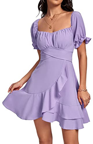 LYANER Damen-Minikleid mit quadratischem Ausschnitt, Rüschen, schulterfrei, Volant, kurze Ärmel, A-Linie, fließendes Kleid, Flieder, Mittel