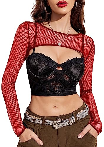 Avidlove Rave Outfits for Women Red Mesh Crop Top Long Sleeve Shirt Fishnet Top for Festival Club Party S